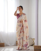 Most Beautiful and Amazing Off-White Heavy Chinnon Saree