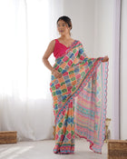 Most Beautiful and Colurfull Heavy Chinnon  Saree With Kutchi Print Border