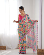 Most Beautiful and Colurfull Heavy Chinnon  Saree With Kutchi Print Border