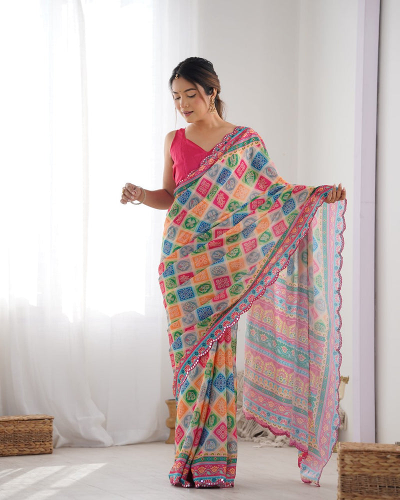 Most Beautiful and Colurfull Heavy Chinnon  Saree With Kutchi Print Border