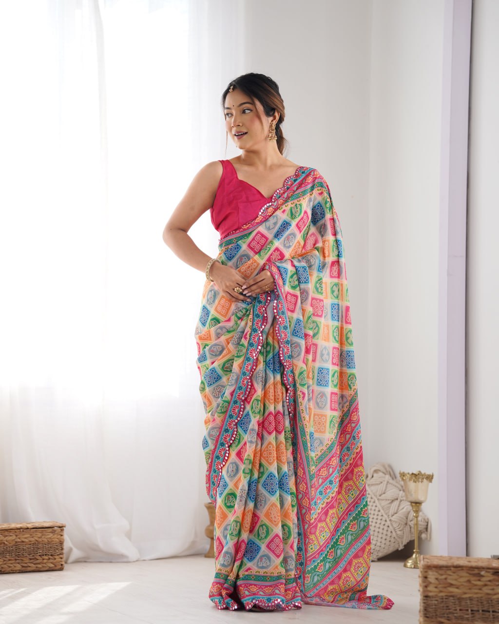 Most Beautiful and Colurfull Heavy Chinnon  Saree With Kutchi Print Border