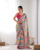Most Beautiful and Colurfull Heavy Chinnon  Saree With Kutchi Print Border