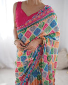 Most Beautiful and Colurfull Heavy Chinnon  Saree With Kutchi Print Border