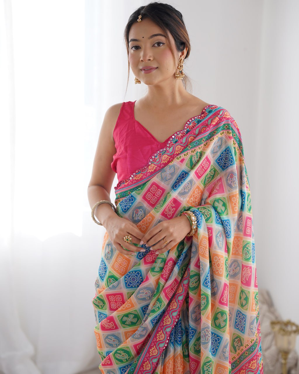 Most Beautiful and Colurfull Heavy Chinnon  Saree With Kutchi Print Border
