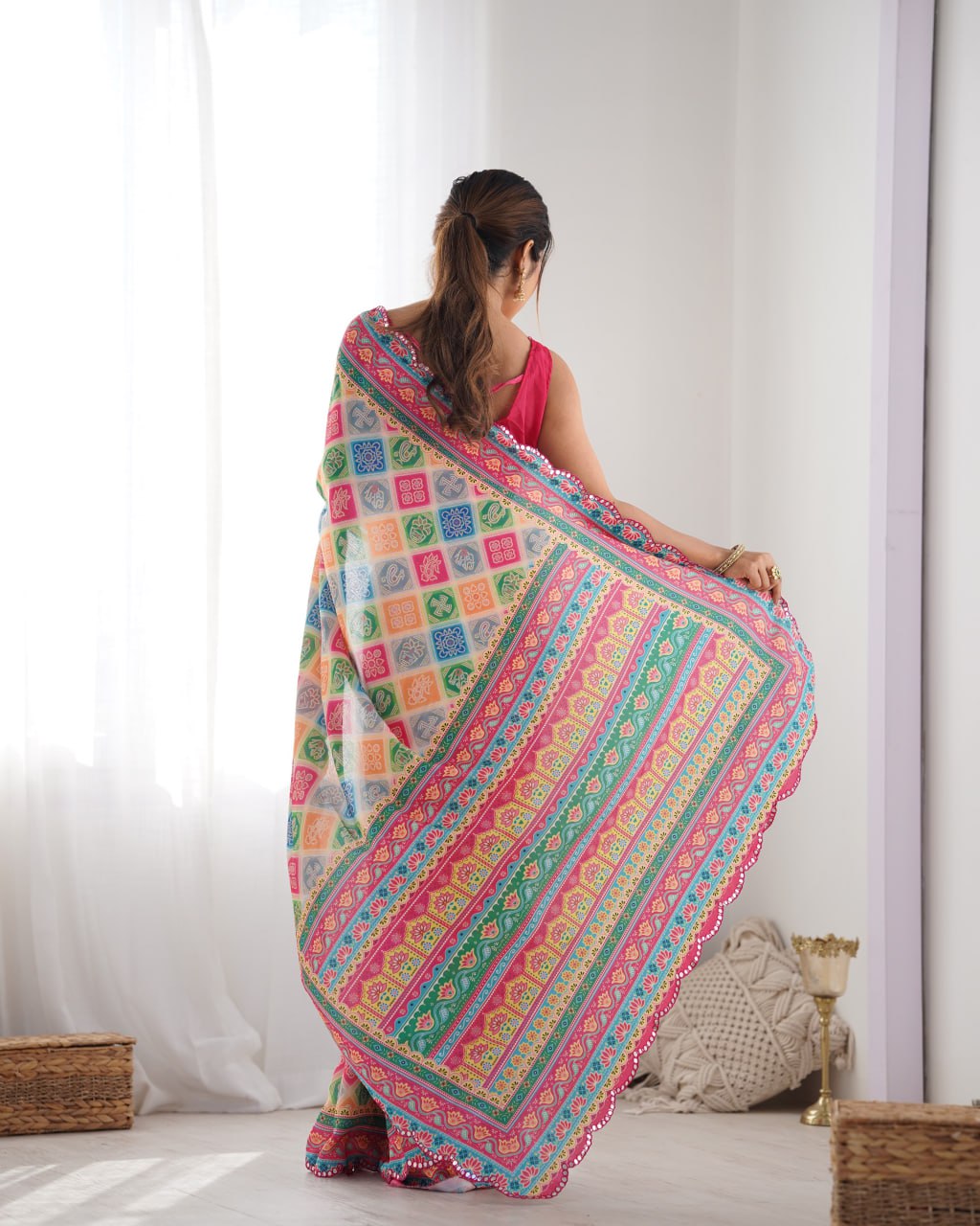 Most Beautiful and Colurfull Heavy Chinnon  Saree With Kutchi Print Border