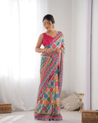 Most Beautiful and Colurfull Heavy Chinnon  Saree With Kutchi Print Border