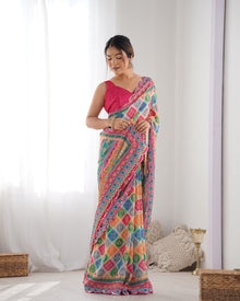 Most Beautiful and Colurfull Heavy Chinnon  Saree With Kutchi Print Border