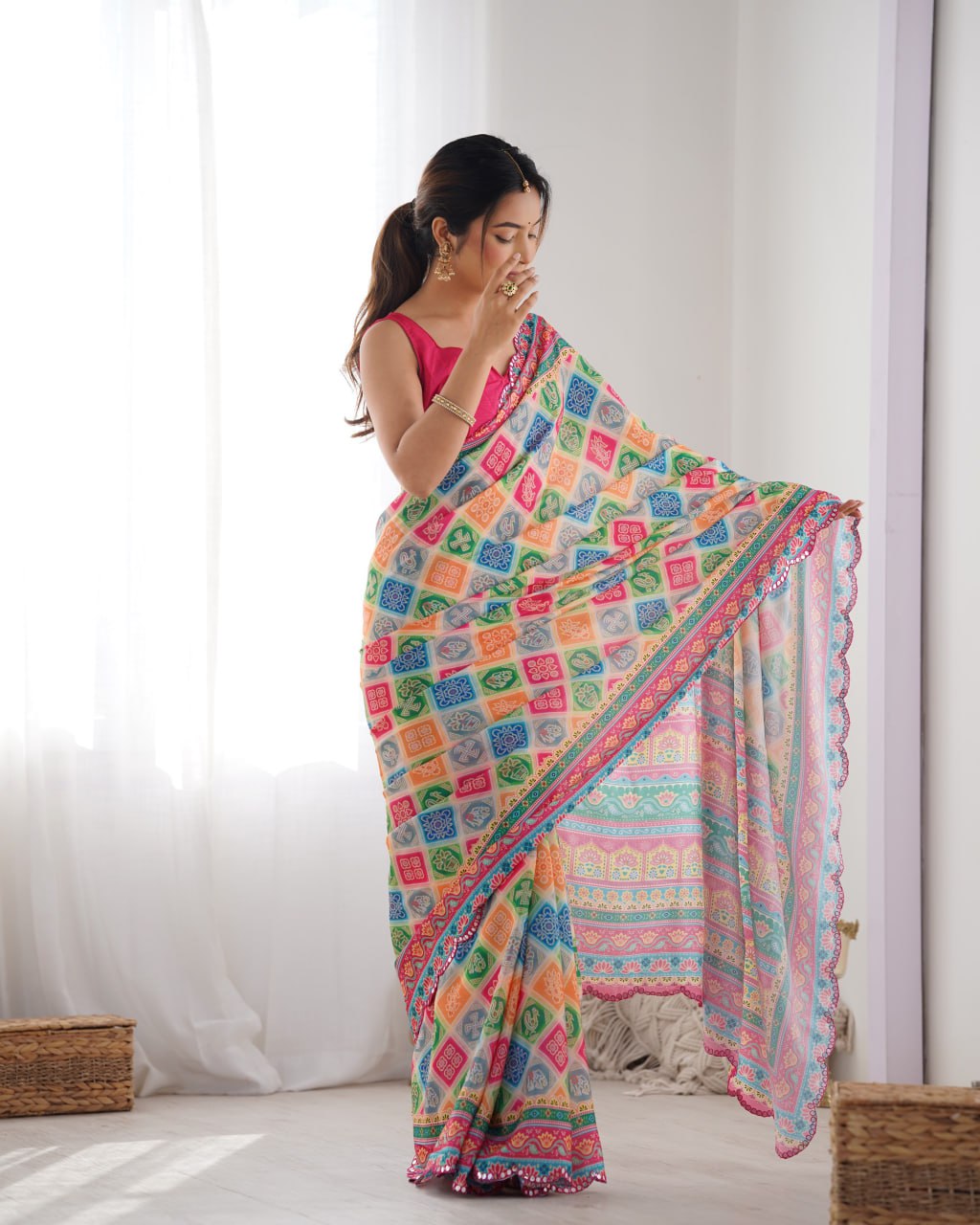 Most Beautiful and Colurfull Heavy Chinnon  Saree With Kutchi Print Border
