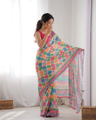 Most Beautiful and Colurfull Heavy Chinnon  Saree With Kutchi Print Border