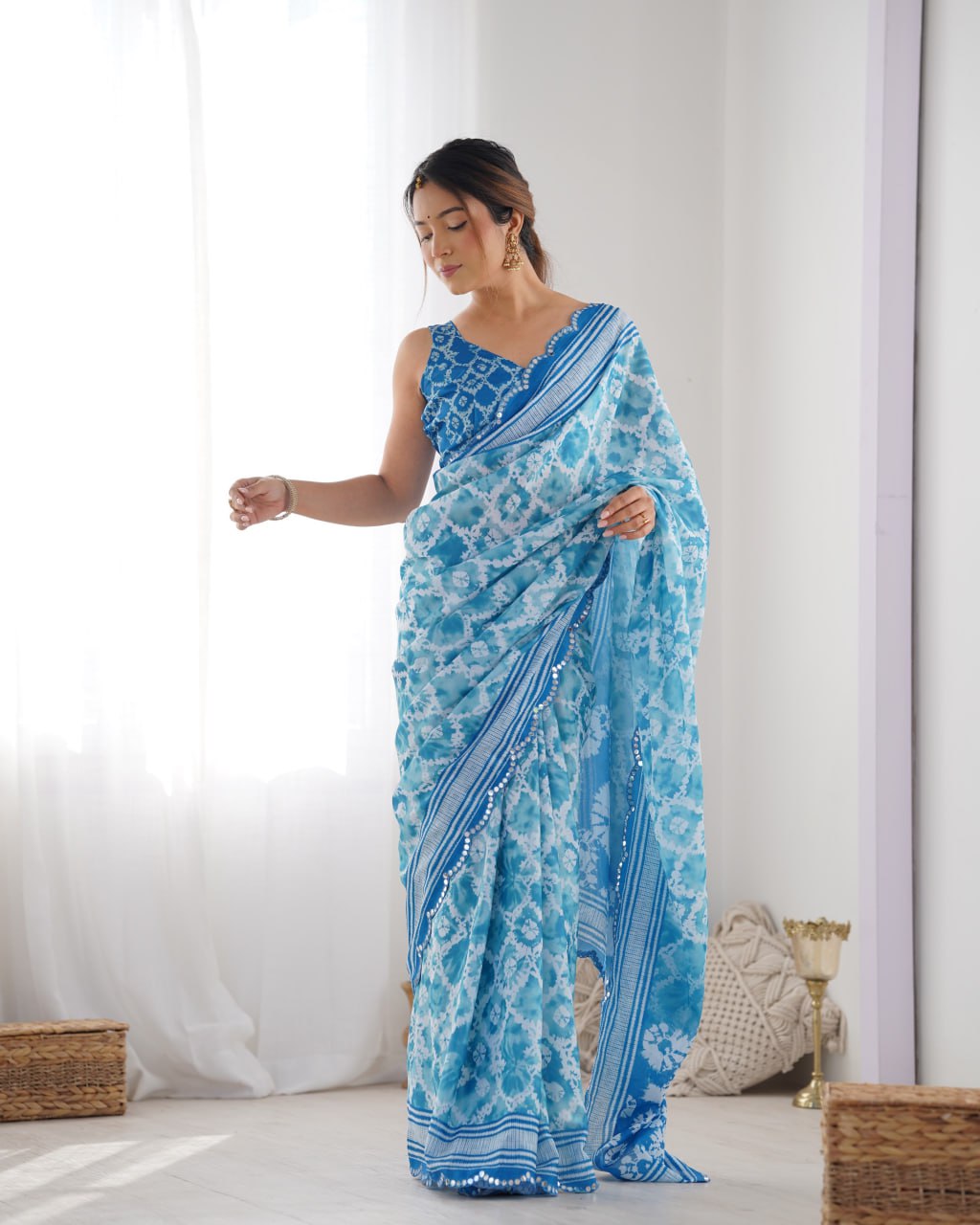 Most Beautiful and Attractive Blue  Heavy Chinnon Saree With Kutchi Work Mirror Lace Border