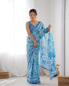Most Beautiful and Attractive Blue  Heavy Chinnon Saree With Kutchi Work Mirror Lace Border