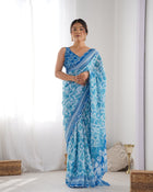 Most Beautiful and Attractive Blue  Heavy Chinnon Saree With Kutchi Work Mirror Lace Border