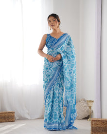 Most Beautiful and Attractive Blue  Heavy Chinnon Saree With Kutchi Work Mirror Lace Border