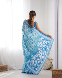 Most Beautiful and Attractive Blue  Heavy Chinnon Saree With Kutchi Work Mirror Lace Border