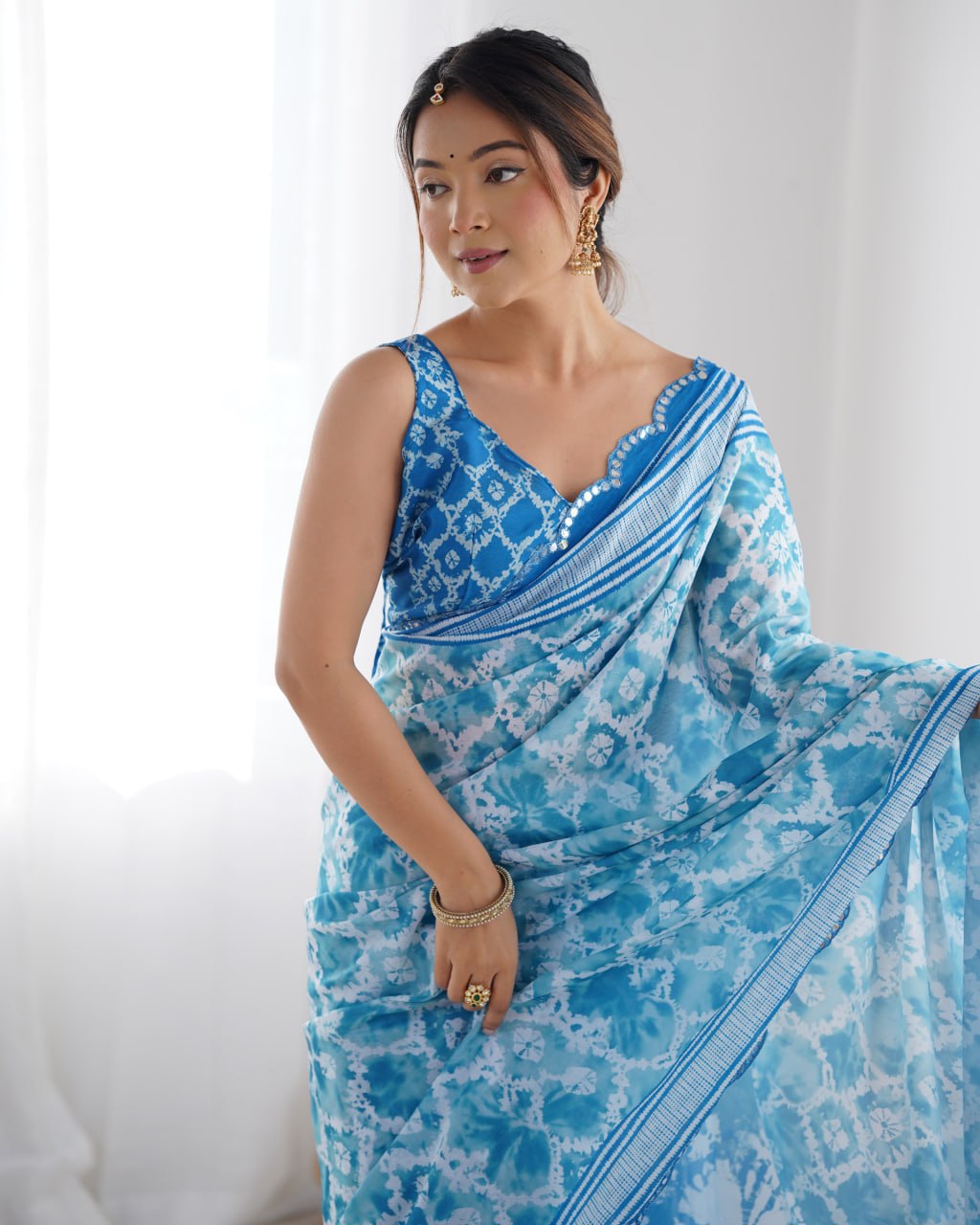 Most Beautiful and Attractive Blue  Heavy Chinnon Saree With Kutchi Work Mirror Lace Border