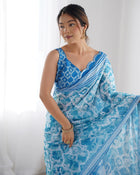 Most Beautiful and Attractive Blue  Heavy Chinnon Saree With Kutchi Work Mirror Lace Border