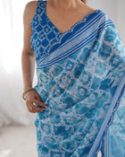 Most Beautiful and Attractive Blue  Heavy Chinnon Saree With Kutchi Work Mirror Lace Border