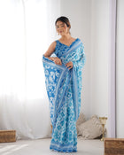 Most Beautiful and Attractive Blue  Heavy Chinnon Saree With Kutchi Work Mirror Lace Border