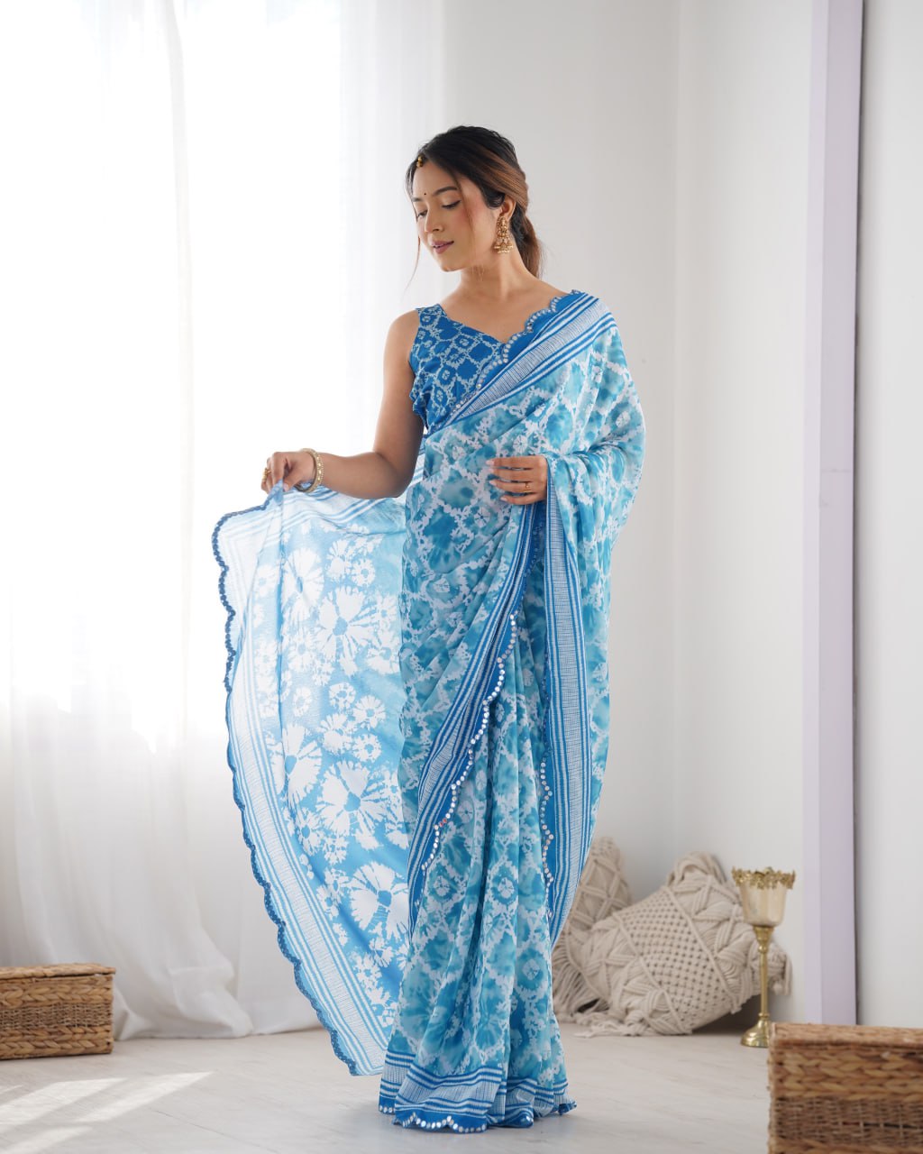 Most Beautiful and Attractive Blue  Heavy Chinnon Saree With Kutchi Work Mirror Lace Border
