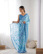 Most Beautiful and Attractive Blue  Heavy Chinnon Saree With Kutchi Work Mirror Lace Border