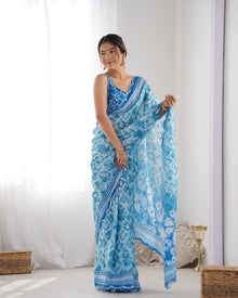 Most Beautiful and Attractive Blue  Heavy Chinnon Saree With Kutchi Work Mirror Lace Border