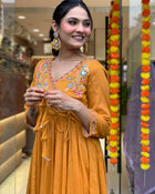 YELLOW VISCOSE CHANDERI KURTI WITH EMBROIDERY WORK AND DUPATTA