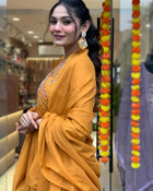 YELLOW VISCOSE CHANDERI KURTI WITH EMBROIDERY WORK AND DUPATTA