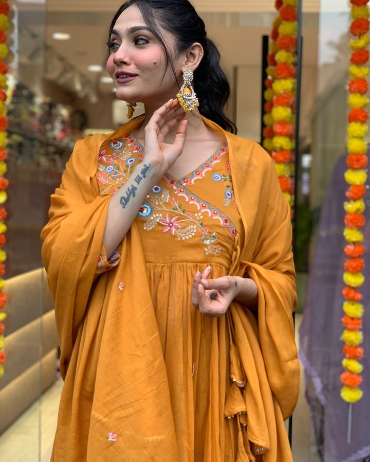 YELLOW VISCOSE CHANDERI KURTI WITH EMBROIDERY WORK AND DUPATTA