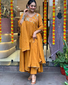 YELLOW VISCOSE CHANDERI KURTI WITH EMBROIDERY WORK AND DUPATTA