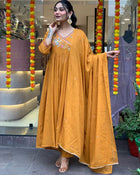 YELLOW VISCOSE CHANDERI KURTI WITH EMBROIDERY WORK AND DUPATTA