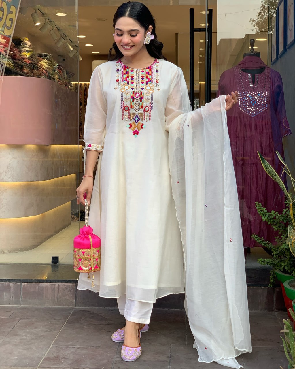 CHANDERI SILK KURTI WITH EMBROIDERY WORK ON IT FOR WOMENS