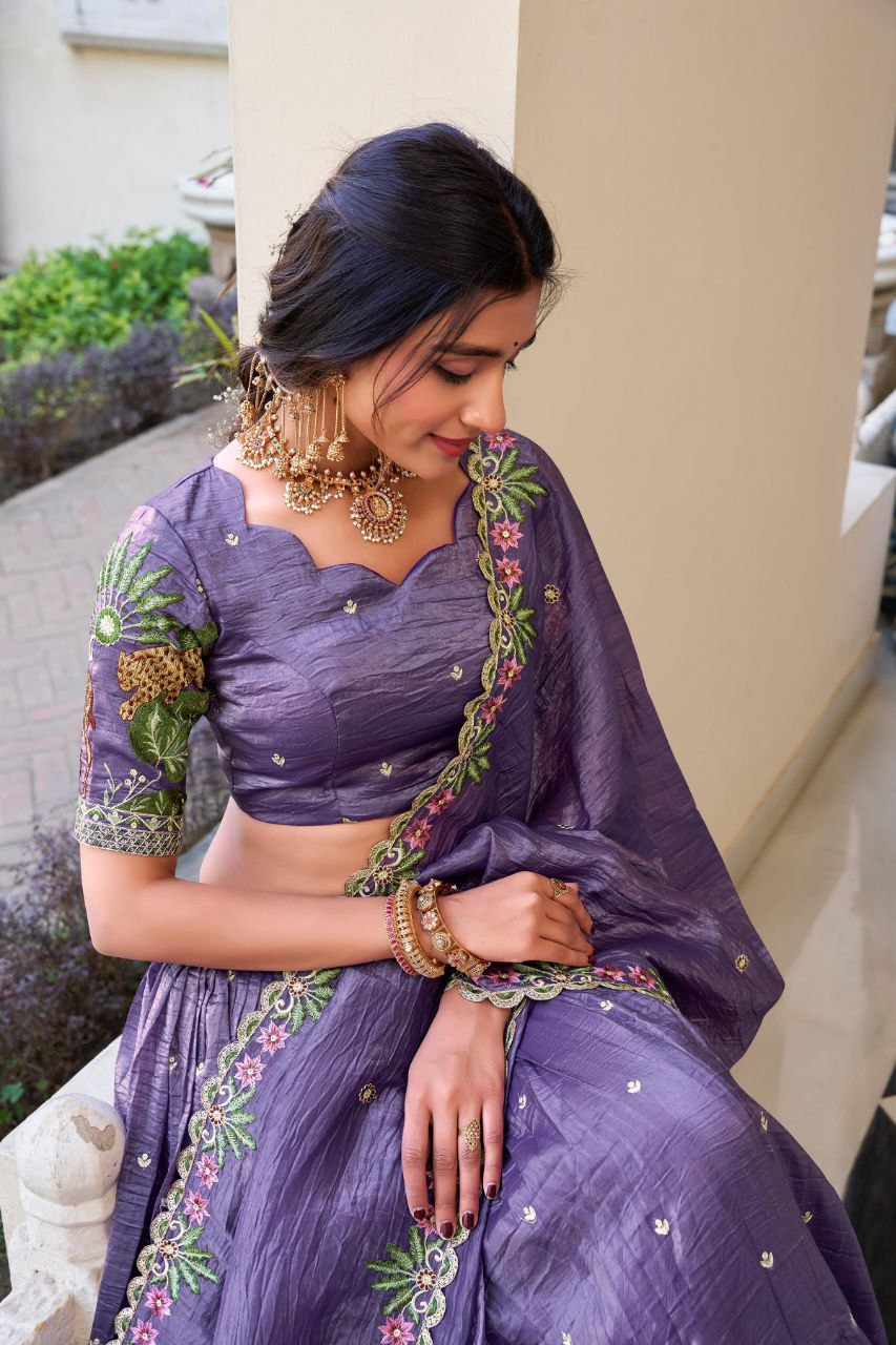 Purple Sequins and Thread Embroidery Work Wedding Lehenga
