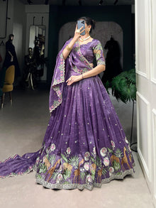 Purple Sequins and Thread Embroidery Work Wedding Lehenga