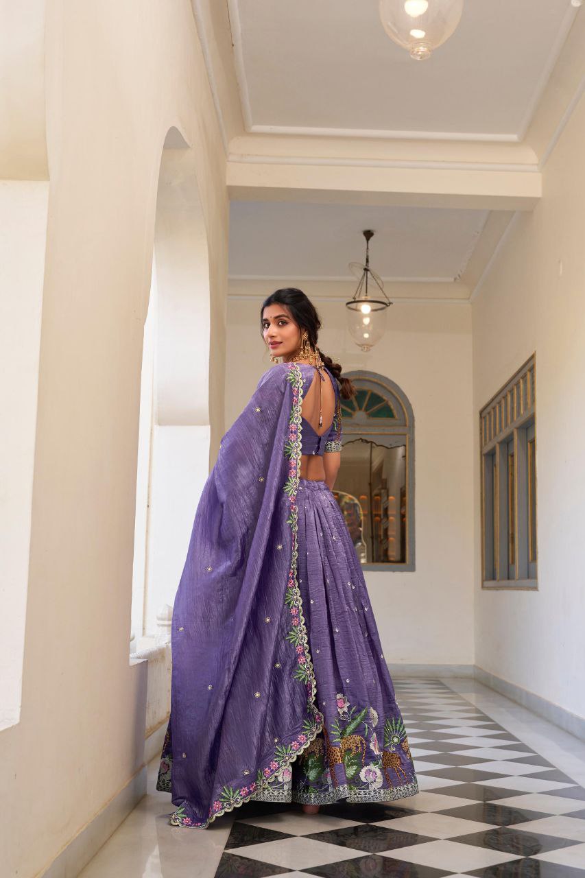 Purple Sequins and Thread Embroidery Work Wedding Lehenga