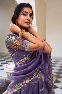 Purple Sequins and Thread Embroidery Work Wedding Lehenga