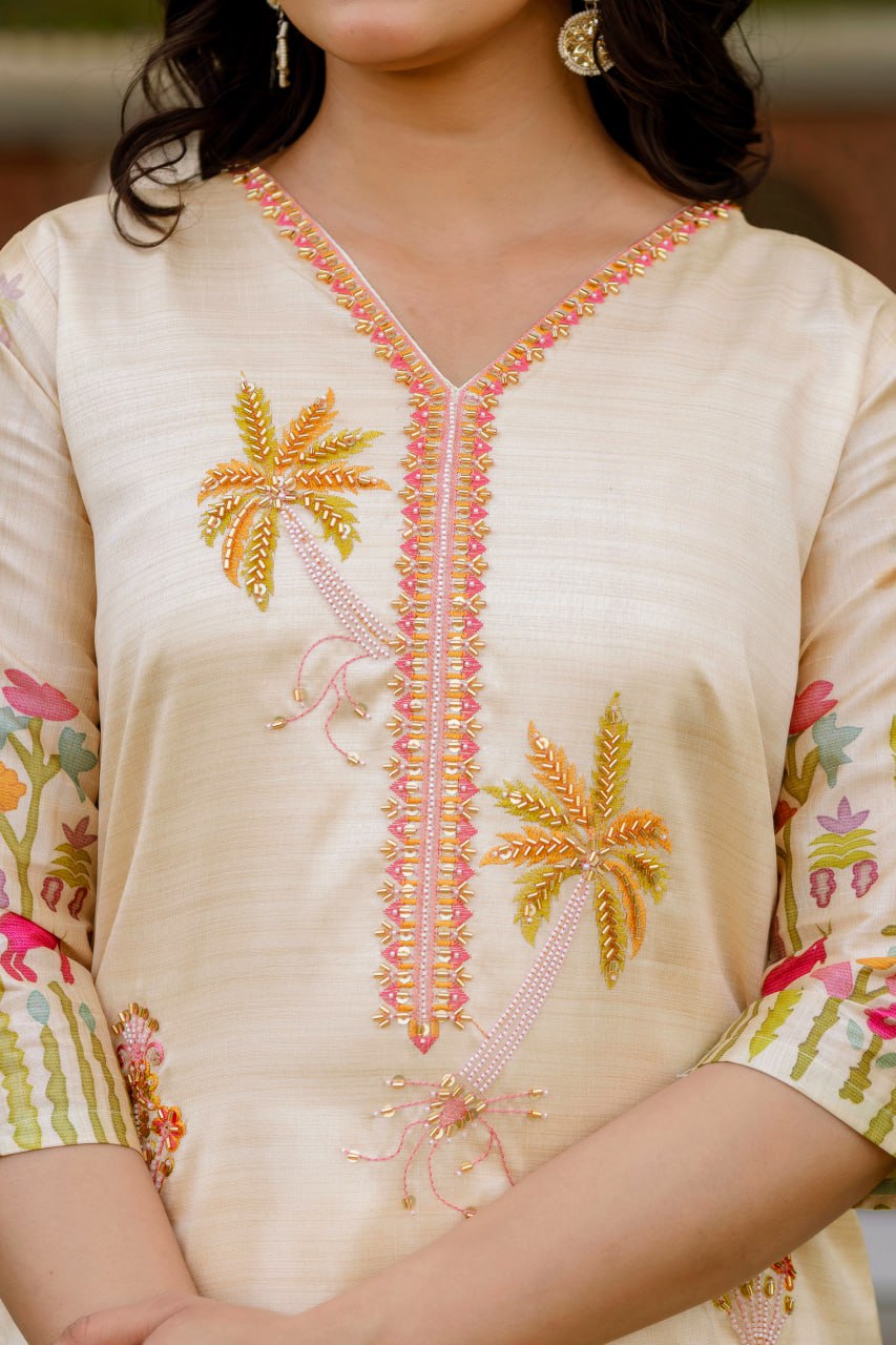 BEIGE KURTI WITH EMBROIDERY BEADS WORK ON IT FOR WOMENS