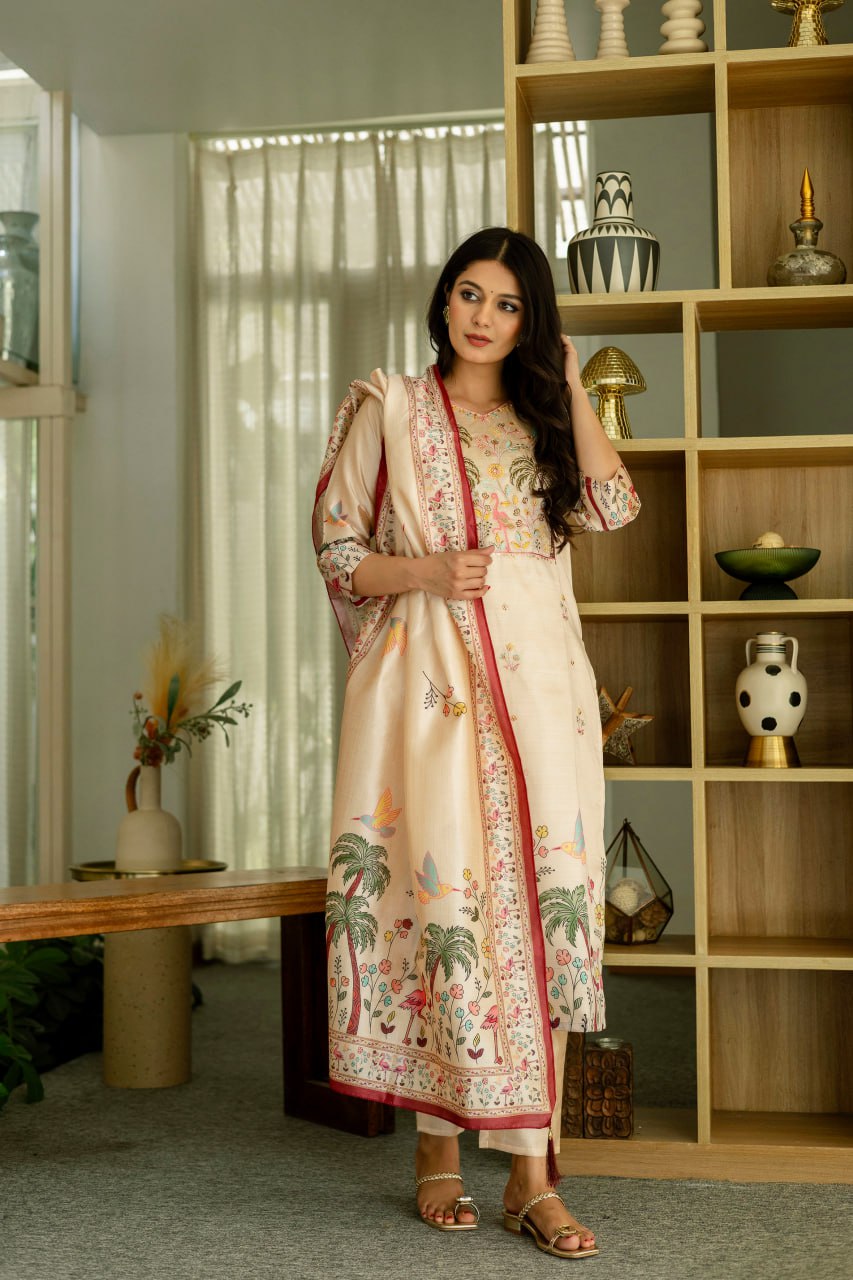 BEIGE VISCOS ASSAM SILK KURTI WITH PANT & DUPATTA