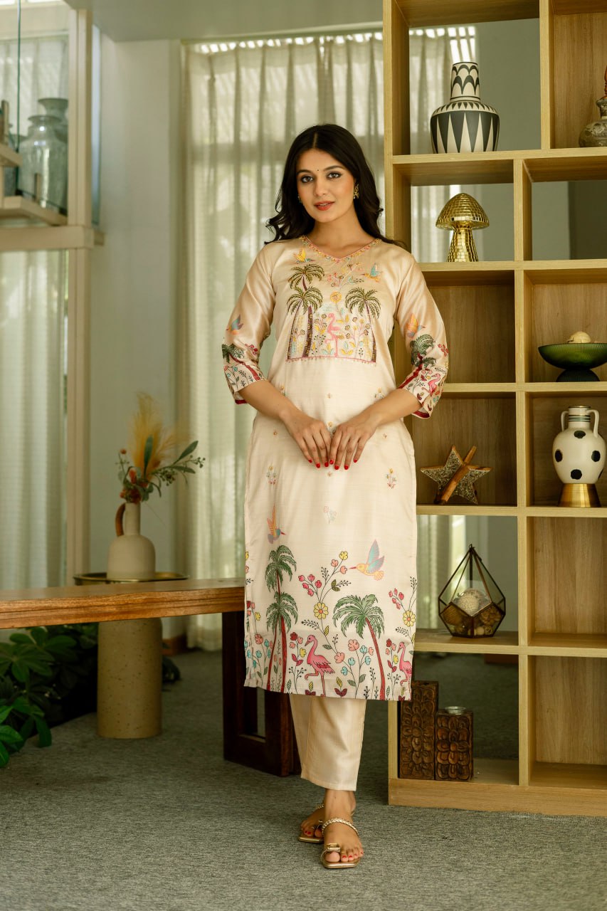 BEIGE VISCOS ASSAM SILK KURTI WITH PANT & DUPATTA
