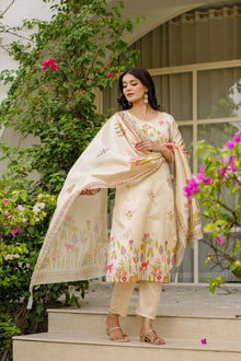 BEIGE KURTI-PANT & DUPATTA WITH FLORAL DESIGN FOR WOMENS