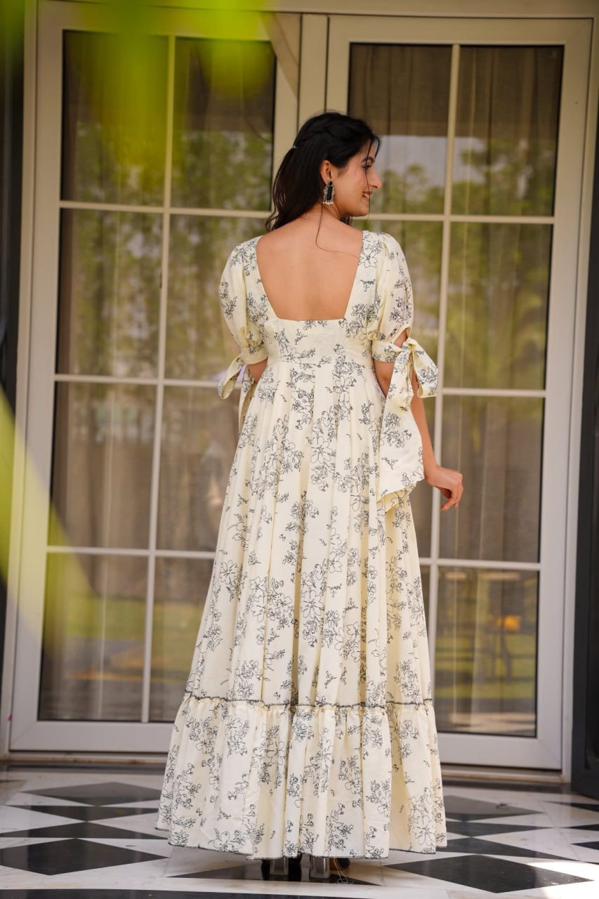 OFF-WHITE GOWN WITH PRINTED FLORAL DESIGN FOR WOMENS