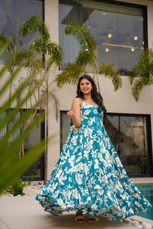 SKY GOWN WITH FLORAL DESIGN PRINTED FOR WOMENS