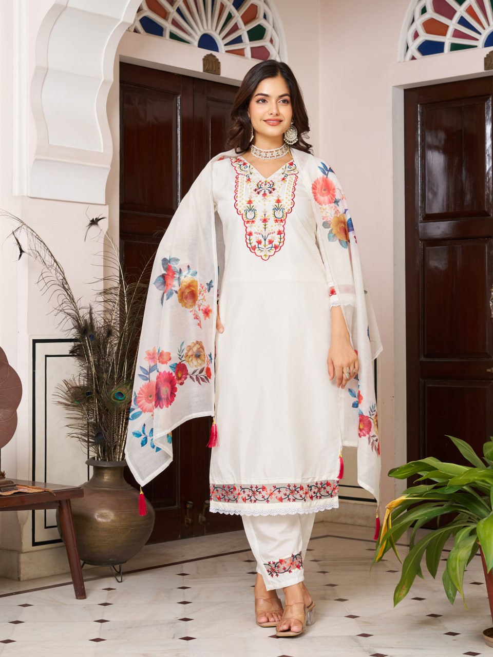 CHANDERI SILK 3 PIS KURTI WITH EMBROIDERY DESIGNING ON IT FOR WOMENS