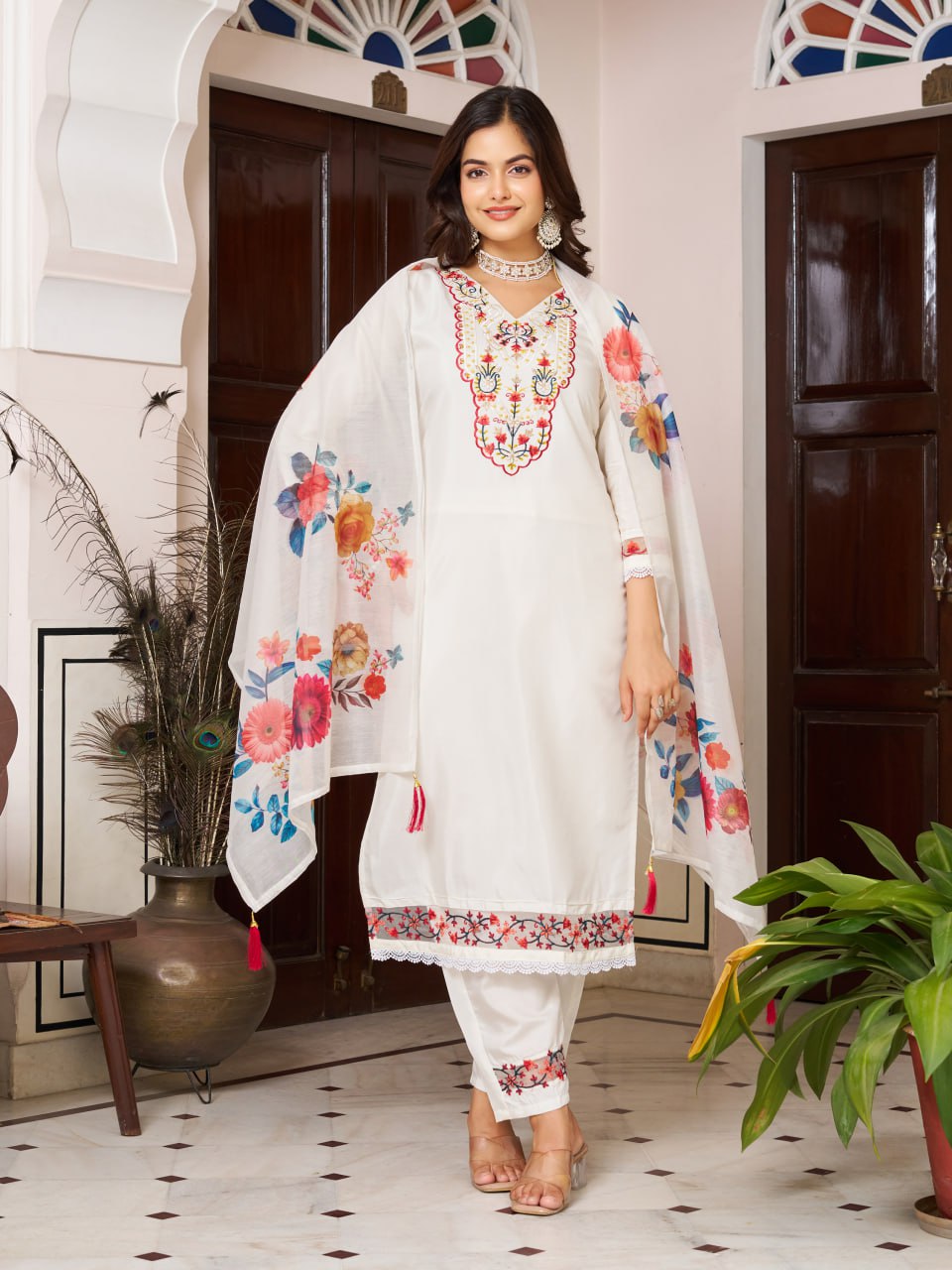 CHANDERI SILK 3 PIS KURTI WITH EMBROIDERY DESIGNING ON IT FOR WOMENS