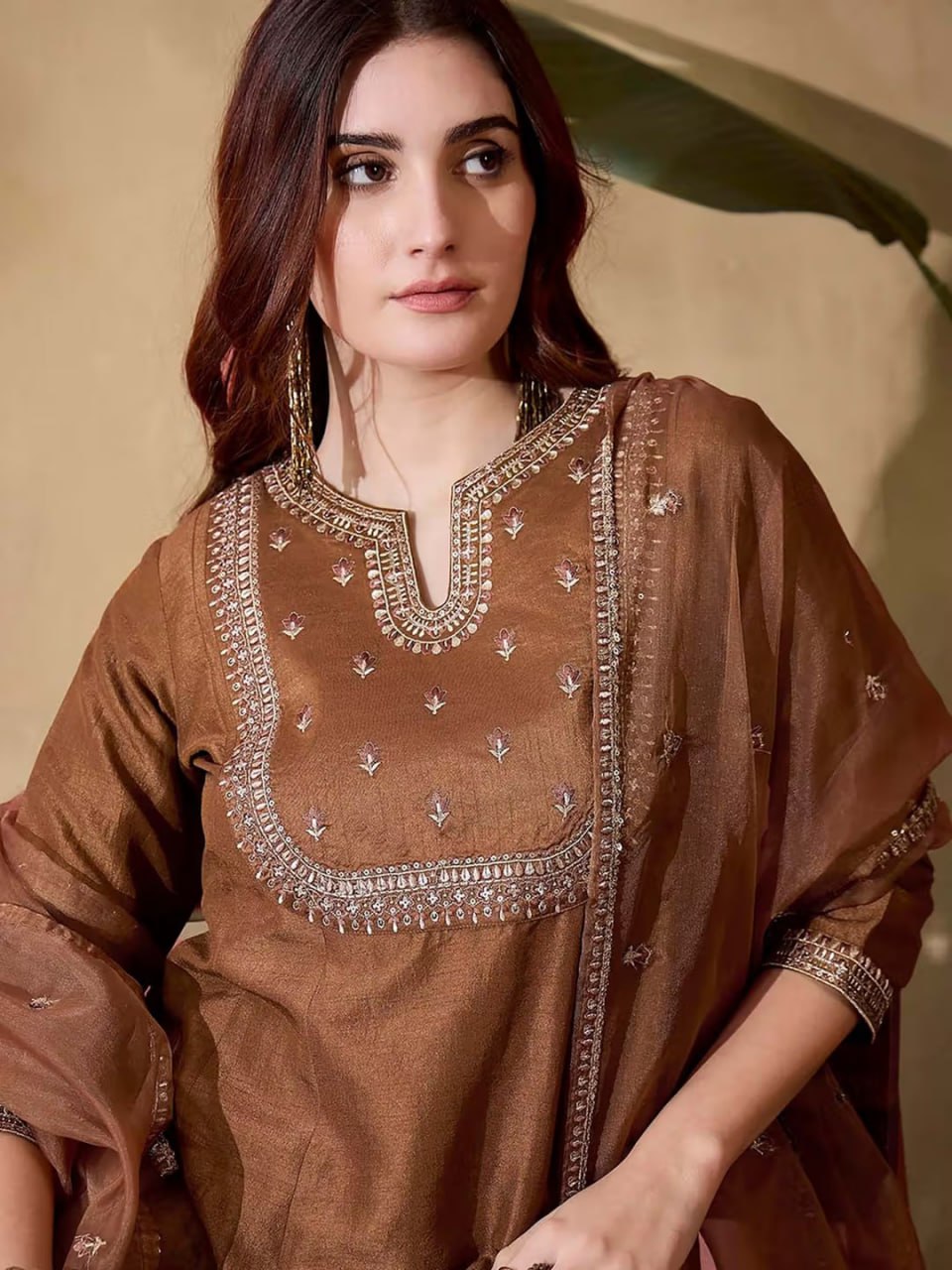 AMAZING BROWN VICHITRA SILK 3 PIS KURTI SET WITH EMBEROIDERY DESIGNING
