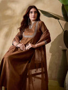 AMAZING BROWN VICHITRA SILK 3 PIS KURTI SET WITH EMBEROIDERY DESIGNING