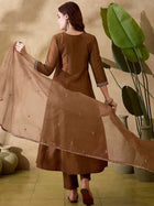 AMAZING BROWN VICHITRA SILK 3 PIS KURTI SET WITH EMBEROIDERY DESIGNING