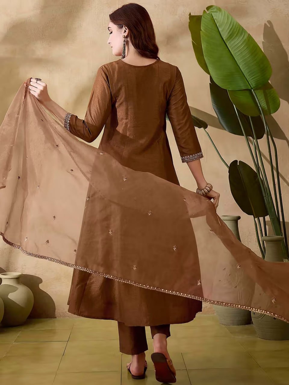 AMAZING BROWN VICHITRA SILK 3 PIS KURTI SET WITH EMBEROIDERY DESIGNING