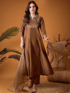 AMAZING BROWN VICHITRA SILK 3 PIS KURTI SET WITH EMBEROIDERY DESIGNING