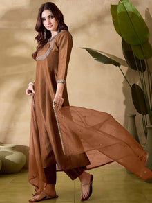 AMAZING BROWN VICHITRA SILK 3 PIS KURTI SET WITH EMBEROIDERY DESIGNING