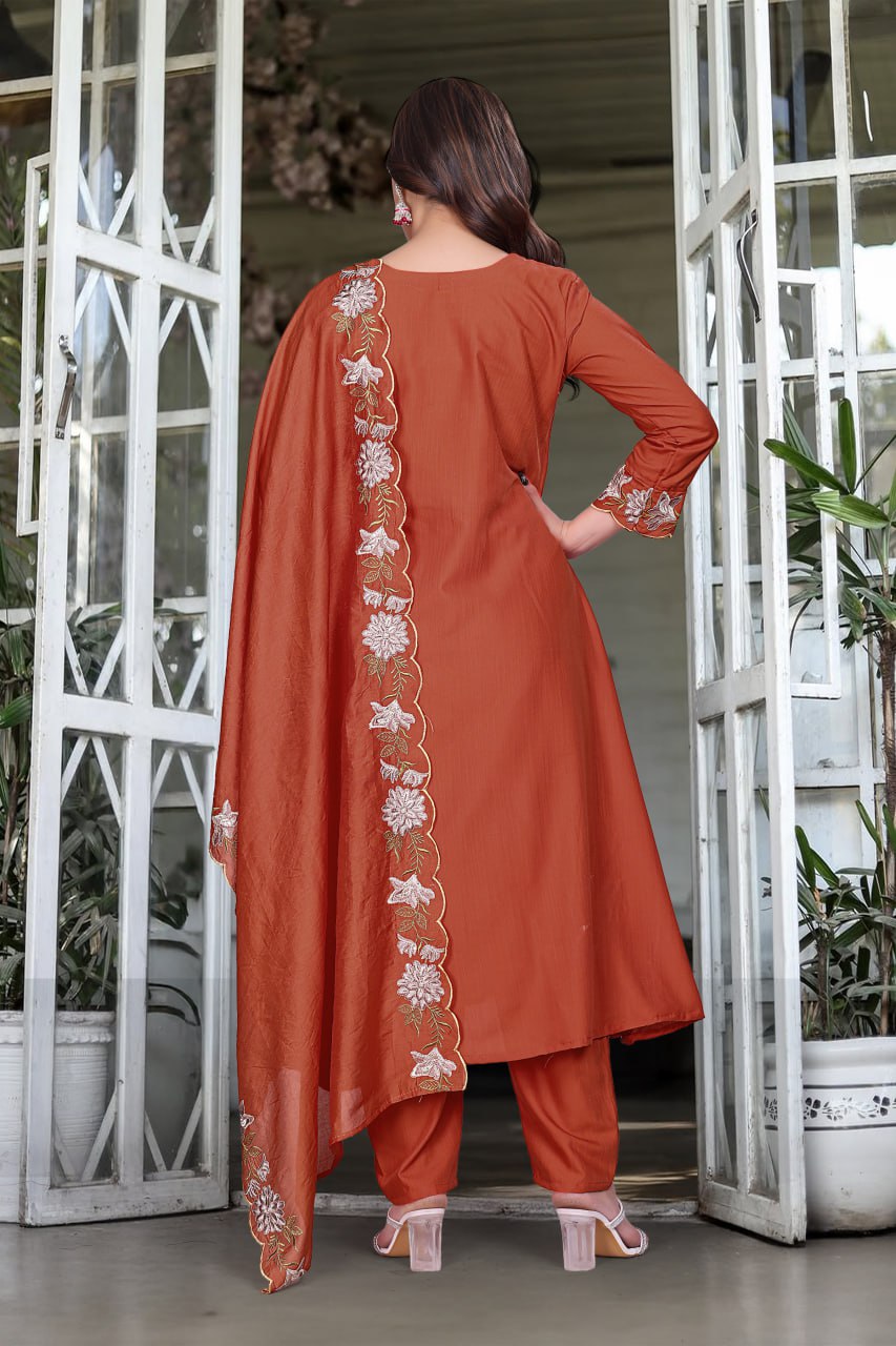 AMAZING SOFT RAYON SLUB 3 PIS SUIT WITH EMBEROIDERY DESIGN FOR WOMENS